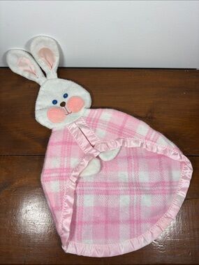 VTG Fisher Price 1979 Pink Plaid Bunny Rabbit Lovey Security Blanket Satin Trim